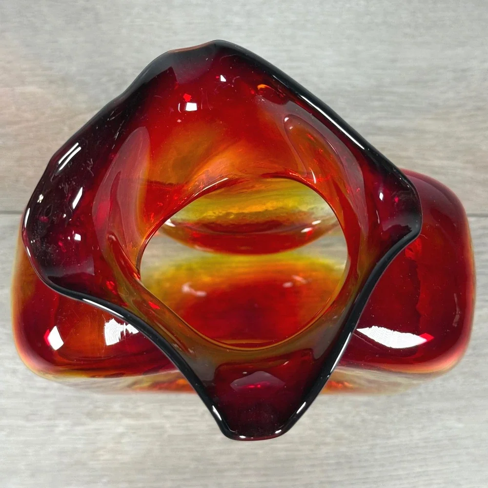 Blenko 2008 Amberina Water Bottle Vase Red Yellow Double Spout 8